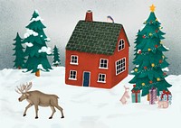 Hand-drawn country red house on a snowy Christmas day with a moose nearby