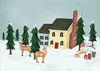 Hand-drawn fallow deer walking into a village on a Christmas day