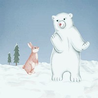 Hand-drawn white polar bear cub and a pink rabbit on a snow-covered ground