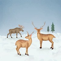 Hand-drawn two fallow deers and a moose on a snow-covered ground