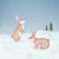 Hand-drawn pink rabbits in a snowy forest