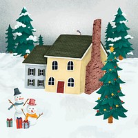 Hand-drawn house on a white Christmas next to a Christmas tree and two snowmen