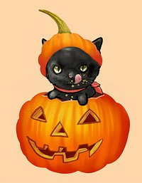 Illustration of a black cat in pumpkin icon vector for Halloween