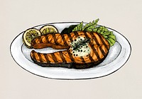 Hand drawn grilled fish steak