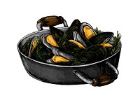 Hand drawn cooked mussels