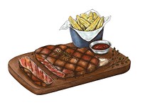 Drawing of steak with fries and ketchup
