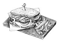 Hand-drawn club sandwich with fries