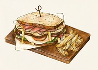 Hand-drawn club sandwich with fries