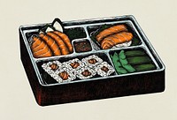 Hand drawn salmon sushi and sashimi bento