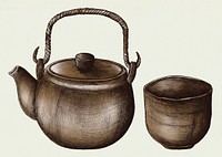 Hand drawn green tea set