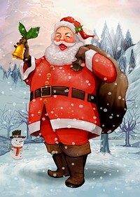 Hand drawn cheerful Santa Claus carrying a presents sack