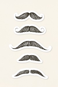 Hand drawn moustache sticker with a white border set