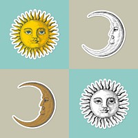 Hand drawn sun and crescent moon with a face sticker with a white border set 