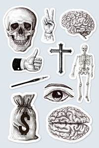 Hand drawn skull and cross sticker with a white border set