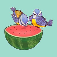 Two cute birds perched on a halved watermelon