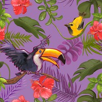 Tropical plants and colorful birds and flowers