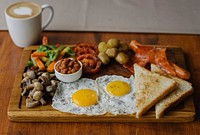 Free full English breakfast in a café image, public domain food CC0 photo.