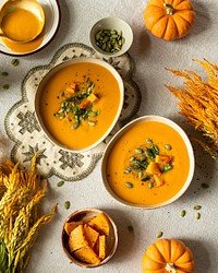 Free pumpkin soup in bowl top view photo, public domain food CC0 image.