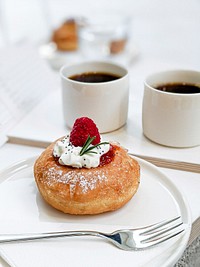 Free small donut with raspberry on top image, public domain food & beverage CC0 photo.