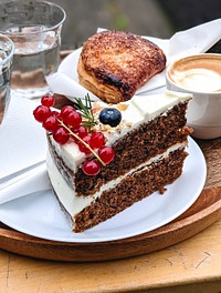 Free carrot cake with fresh fruits image, public domain dessert CC0 photo.