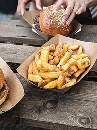 Free homemade french fries with burger image, public domain food CC0 photo.