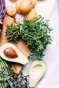 Thyme with avocado and potatoes close up image, public domain CC0 photo.