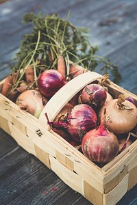 Free basket of onions and carrots image, public domain vegetables CC0 photo.