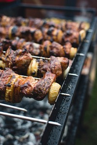 Free grilling meat skewers photo, public domain food CC0 image. 