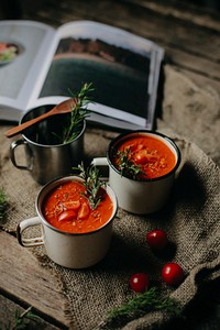 Free tomato soup in a tin mug image, public domain food CC0 photo.