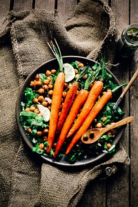 Free baked carrots on chickpeas salad image, public domain vegetables CC0 photo.