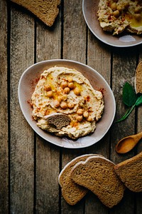Free delicious hummus with bread and bean image, public domain food CC0 photo.