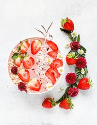 Free pretty strawberry smoothie bowl image, public domain food CC0 photo.