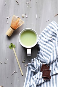 Free vegan matcha latte top view photo, public domain beverage CC0 image.