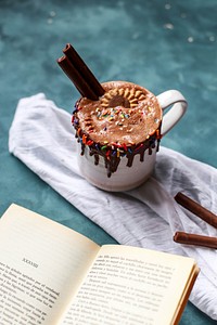 Free sweet drink and a book photo, public domain food CC0 image.