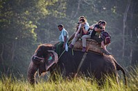 Tourists on elephant ride, Sauraha, Chitwan District, Nepal, November 2017.