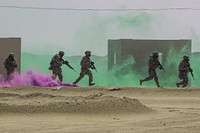 U.S. Soldiers assigned to the 3rd Platoon, Delta Battery, 1st Battalion, 145th Field Artillery Regiment, assault an objective during Operation Diamond Strike near Camp Buehring, Kuwait, Feb. 28, 2018.