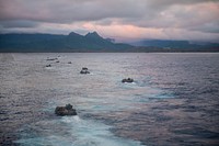Assault amphibious vehicles, assigned to the 11th Marine Expeditionary Unit, exit the well deck of the Harpers Ferry-class amphibious dock landing ship USS Harpers Ferry (LSD 49) in Hawaii, May 11, 2019.
