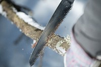 U.S. Department of Agriculture (USDA) Forest Service (FS) Superior National Forest (NF) winter campers cut fallen branches for their camp stove near Ely, Minnesota, on Feb 28, 2018.