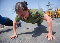 MEDITERRANEAN SEA (May 20, 2018) U.S. Marine Sgt. Sylvia Tapia, assigned to the 26th Marine Expeditionary Unit, participates in a fitness competition during a steel beach picnic aboard the Harpers Ferry-class dock landing ship USS Oak Hill (LSD 51) May 20, 2018.