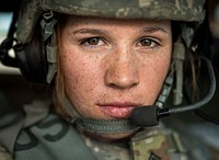 U.S. Army Sgt. Brooke Grether, a U.S. Army Reserve military police Soldier and gunnery crew truck commander with the 603rd MP Company, out of Belton, Missouri, poses for a potrait after finishing a gunnery lane at Fort Riley, Kansas, May 18, 2018.