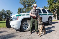 Ranger Hall and her K-9 unit Reu by Jacob W. Frank. Original public domain image from Flickr