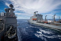 The Ticonderoga-class guided-missile cruiser USS Chancellorsville (CG 62) refuels with the Military Sealift Command fleet replenishment oiler USNS Tippecanoe (T-AO 199) during a replenishment-at-sea in the Philippine Sea Oct. 8, 2018.