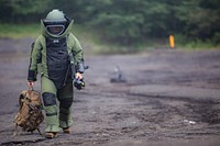 U.S. Marine Corps Sgt. Scott N. Schaller, assigned to EOD Company, 9th Engineer Support Battalion, 3rd Marine Logistics Group, walks back from x-raying a suitcase Sept. 5, 2018, at Camp Fuji, Japan.