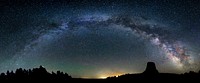 Devils Tower National Monument, Milky Way arching over Devils Tower. Photo by Damon Joyce. Original public domain image from Flickr