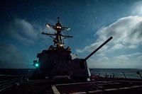 PACIFIC OCEAN (Aug. 18, 2018) - The guided-missile destroyer USS Dewey (DDG 105) transits the Pacific Ocean while underway in the U.S. 3rd Fleet area of operations. (U.S. Navy photo by Mass Communication Specialist 2nd Class Devin M. Langer). Original public domain image from Flickr
