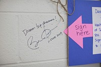 President Barack Obama's signature is seen a health classroom wall at Southwest High School in Green Bay, Wisc., June 11, 2009.