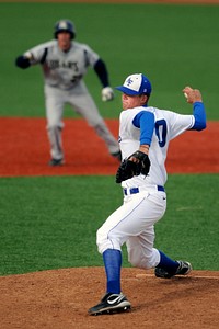 U.S. Air Force Academy sophomore pitcher Evan Abrecht delivers a pitch during a baseball game against the University of Northern Colorado?s ?Golden Bears?