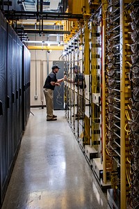 North Central Telephone Cooperative Corporation (NCTC) Central Office Technician Eddie Blankenship installs a fiber optic jumper cable at the Data Center, in Lafayette, Tennessee, on Sept 27, 2018.