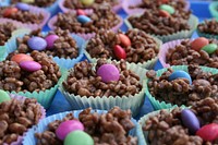 Tray of chocolate rice crispy cup cake, chocolate dessert. Original public domain image from Flickr