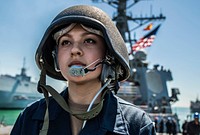 NAVAL STATION ROTA, Spain (April 14, 2019) &ndash; Boatswain's Mate Seaman Alyssa Mullinax stands watch as a phone talker aboard the Arleigh Burke-class guided-missile destroyer USS Porter (DDG 78) while arriving in Naval Station Rota, Spain, April 14, 2019.